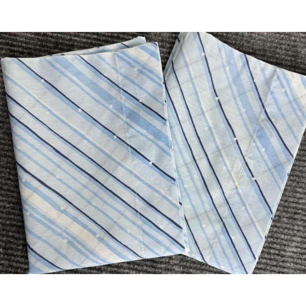 Vintage Pillowcase Pair Blue Navy Stripe Coastal Retro Standard Cottage 1970s